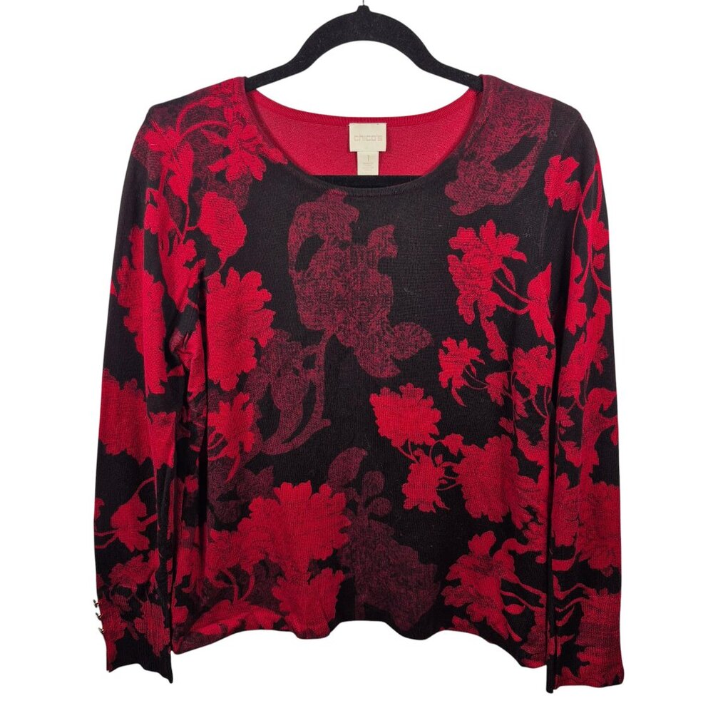 Chicos Sweater Womens Medium Pullover Chic Capsule Long Sleeve Floral Top Casual